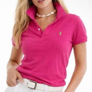 Y2K RALPH LAUREN Skinny Polo Pink Fitted Pique Top Preppy Mall Girl Golf Size M